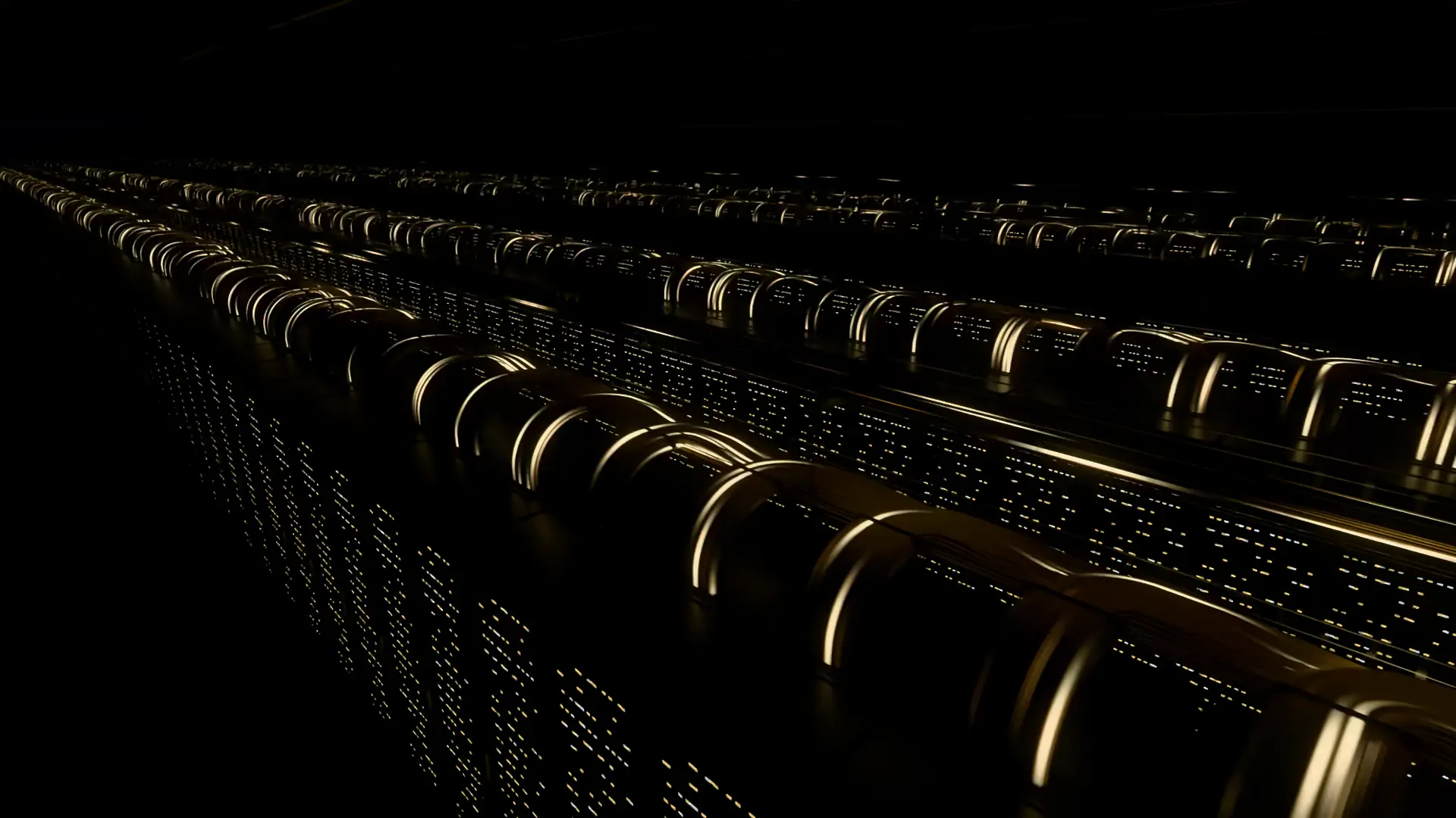 A working ISTOK Group data hall: rows of racks with gold cable waterfalls overhead